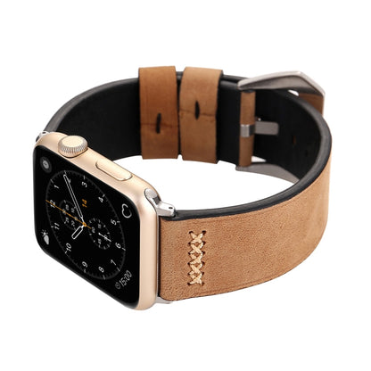 For Apple Watch Series 3 & 2 & 1 38mm Retro XX Line Pattern Genuine Leather Wrist Watch Band(Khaki) - Watch Bands by buy2fix | Online Shopping UK | buy2fix