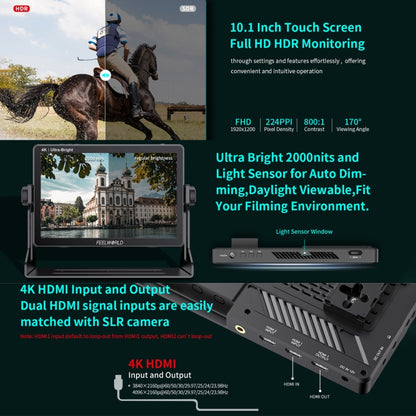 FEELWORLD LUT11H 10.1 Inch Ultra Bright 2000nit DSLR Camera Field Monitor Touch Screen 4K HDMI F970 External Power and Install Kit (AU Plug) - On-camera Monitors by FEELWORLD | Online Shopping UK | buy2fix