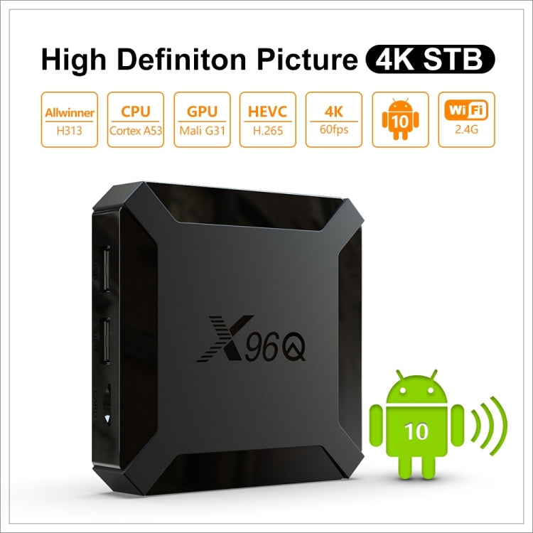 X96Q HD 4K Smart TV Box without Wall Mount, 4GB+64GB, Android 10.0, Allwinner H313 Quad Core ARM Cortex A53 , Support TF Card, HDMI, RJ45, AV, USB x 2 (EU Plug) - Allwinner H3 by buy2fix | Online Shopping UK | buy2fix