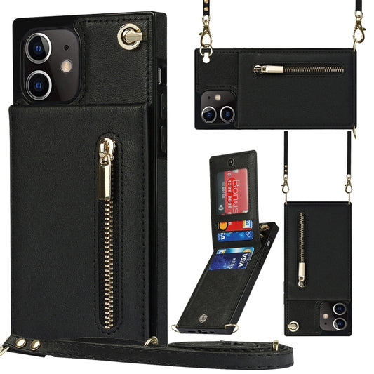 For iPhone 12 mini Cross-body Zipper Square TPU+PU Back Cover Case with Holder & Card Slots & Wallet & Strap (Black) - iPhone 12 mini Cases by buy2fix | Online Shopping UK | buy2fix