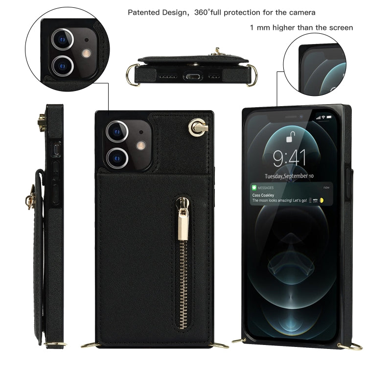 For iPhone 12 / 12 Pro Cross-body Zipper Square TPU+PU Back Cover Case with Holder & Card Slots & Wallet & Strap(Black) - iPhone 12 / 12 Pro Cases by buy2fix | Online Shopping UK | buy2fix