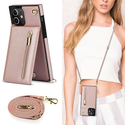 For iPhone 12 / 12 Pro Cross-body Zipper Square TPU+PU Back Cover Case with Holder & Card Slots & Wallet & Strap(Rose Gold) - iPhone 12 / 12 Pro Cases by buy2fix | Online Shopping UK | buy2fix