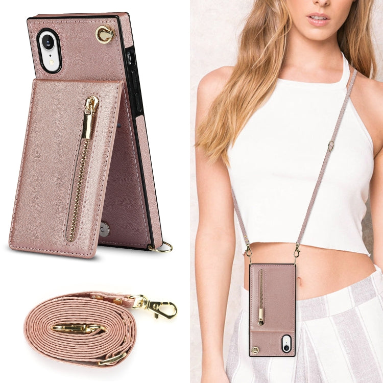 For iPhone XR Cross-body Zipper Square TPU+PU Back Cover Case with Holder & Card Slots & Wallet & Strap(Rose Gold) - More iPhone Cases by buy2fix | Online Shopping UK | buy2fix