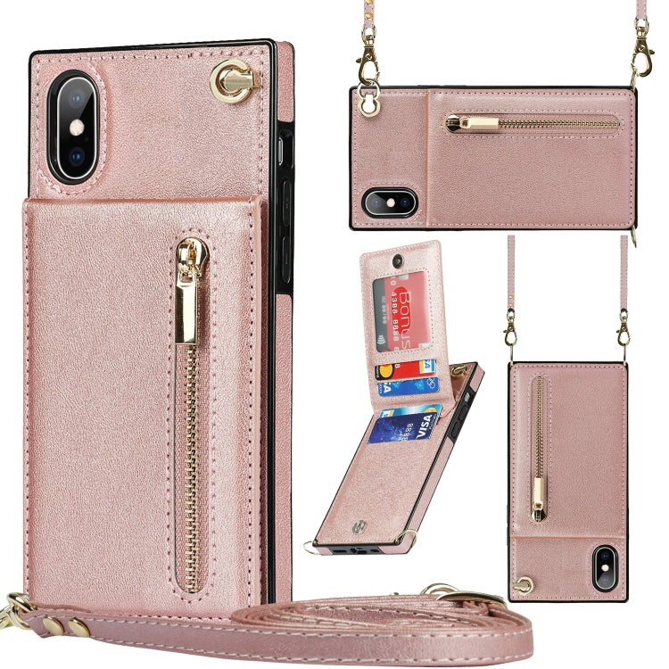 For iPhone XS Max Cross-body Zipper Square TPU+PU Back Cover Case with Holder & Card Slots & Wallet & Strap(Rose Gold) - More iPhone Cases by buy2fix | Online Shopping UK | buy2fix