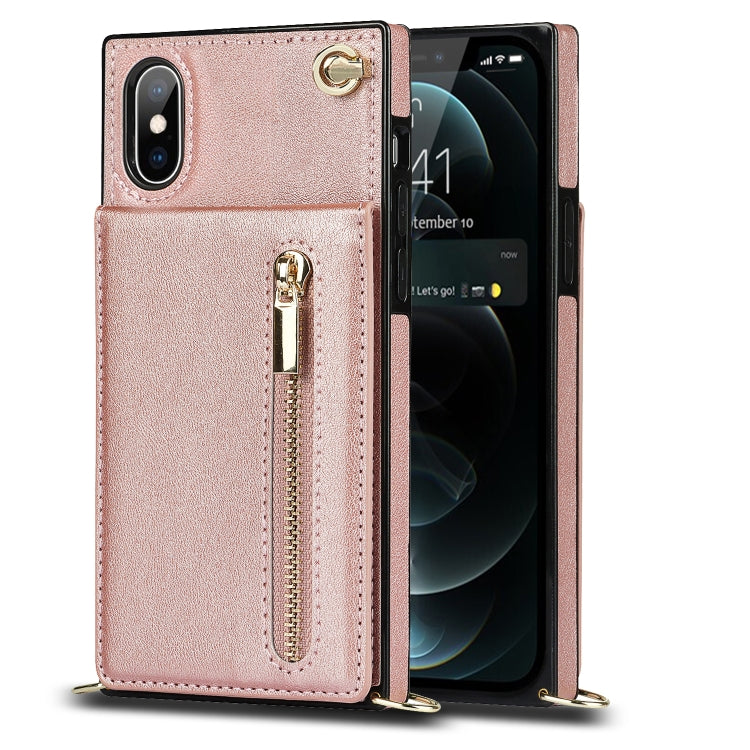 For iPhone XS Max Cross-body Zipper Square TPU+PU Back Cover Case with Holder & Card Slots & Wallet & Strap(Rose Gold) - More iPhone Cases by buy2fix | Online Shopping UK | buy2fix