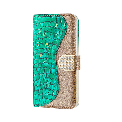 For iPhone 13 Pro Laser Glitter Powder Matching Crocodile Texture Horizontal Flip Leather Case with Card Slots & Holder & Wallet (Green) - iPhone 13 Pro Cases by buy2fix | Online Shopping UK | buy2fix