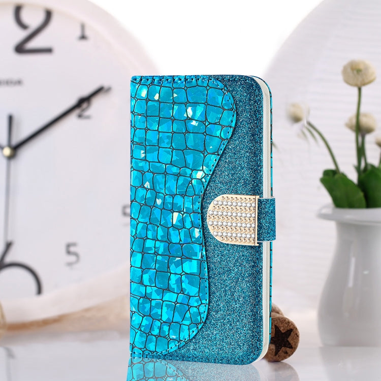 For iPhone 13 Pro Laser Glitter Powder Matching Crocodile Texture Horizontal Flip Leather Case with Card Slots & Holder & Wallet (Blue) - iPhone 13 Pro Cases by buy2fix | Online Shopping UK | buy2fix