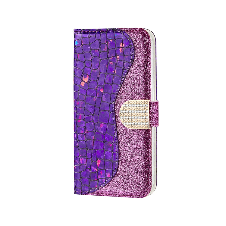 For iPhone 13 Laser Glitter Powder Matching Crocodile Texture Horizontal Flip Leather Case with Card Slots & Holder & Wallet(Purple) - iPhone 13 Cases by buy2fix | Online Shopping UK | buy2fix