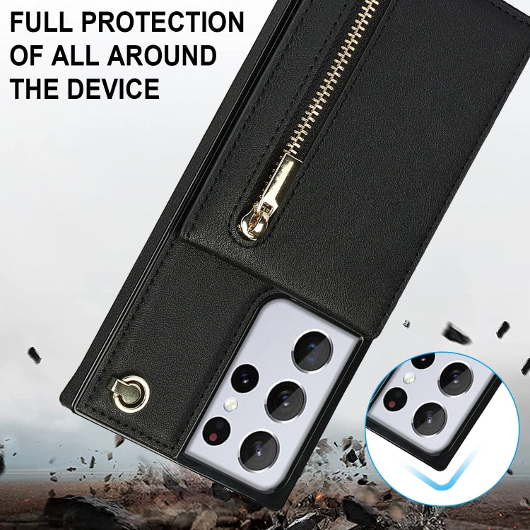 For Samsung Galaxy S21 Ultra 5G Cross-body Zipper Square TPU+PU Back Cover Case with Holder & Card Slots & Wallet & Strap(Black) - Galaxy S21 Ultra 5G Cases by buy2fix | Online Shopping UK | buy2fix