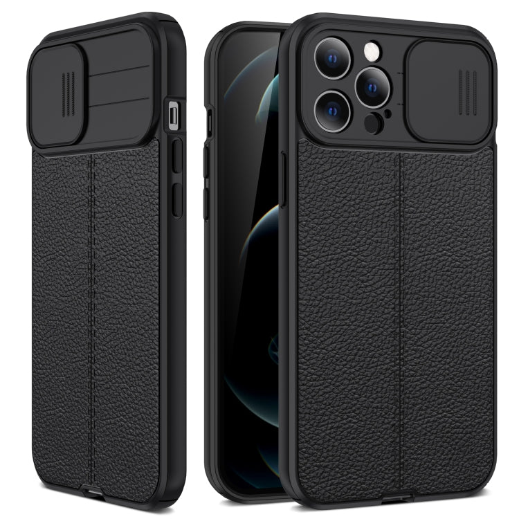 For iPhone 12 Litchi Texture Sliding Camshield TPU Protective Case(Black) - iPhone 12 / 12 Pro Cases by buy2fix | Online Shopping UK | buy2fix