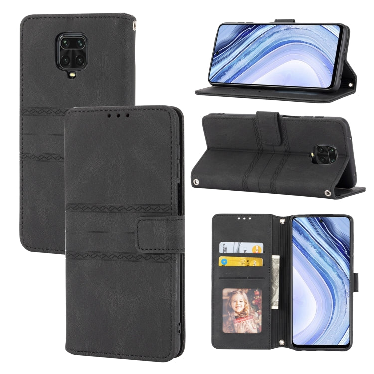 For Xiaomi Redmi Note 9 Pro Max Embossed Striped Magnetic Buckle PU + TPU Horizontal Flip Leather Case with Holder & Card Slot & Wallet & Photo Frame & Sling(Black) - Xiaomi Cases by buy2fix | Online Shopping UK | buy2fix