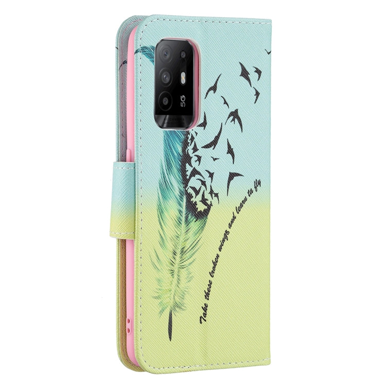 For OPPO A94 5G / Reno5 Z 5G / F19 Pro+ Colored Drawing Pattern Horizontal Flip Leather Case with Holder & Card Slots & Wallet(Feather) - OPPO Cases by buy2fix | Online Shopping UK | buy2fix