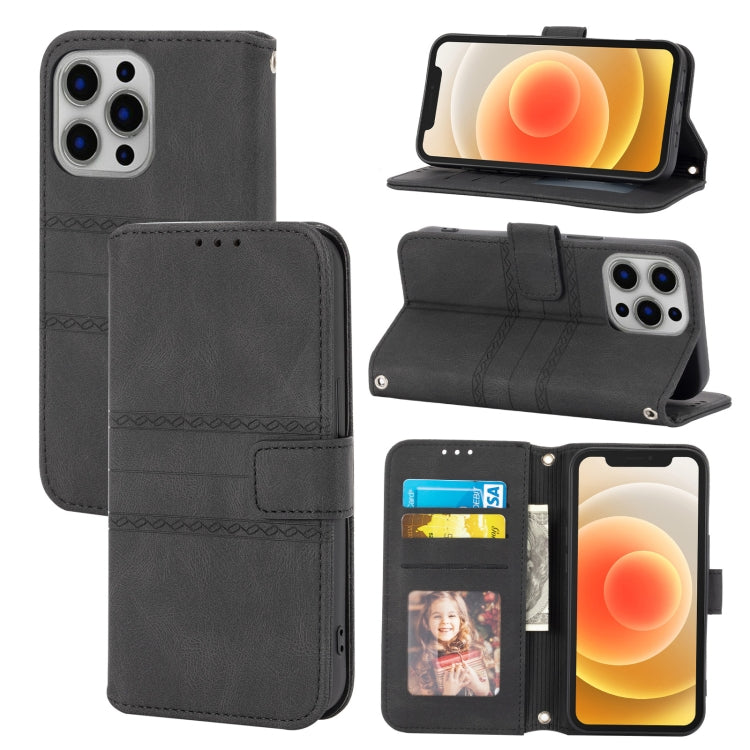 For iPhone 13 Embossed Striped Magnetic Buckle PU + TPU Horizontal Flip Leather Case with Holder & Card Slot & Wallet & Photo Frame & Sling(Black) - iPhone 13 Cases by buy2fix | Online Shopping UK | buy2fix