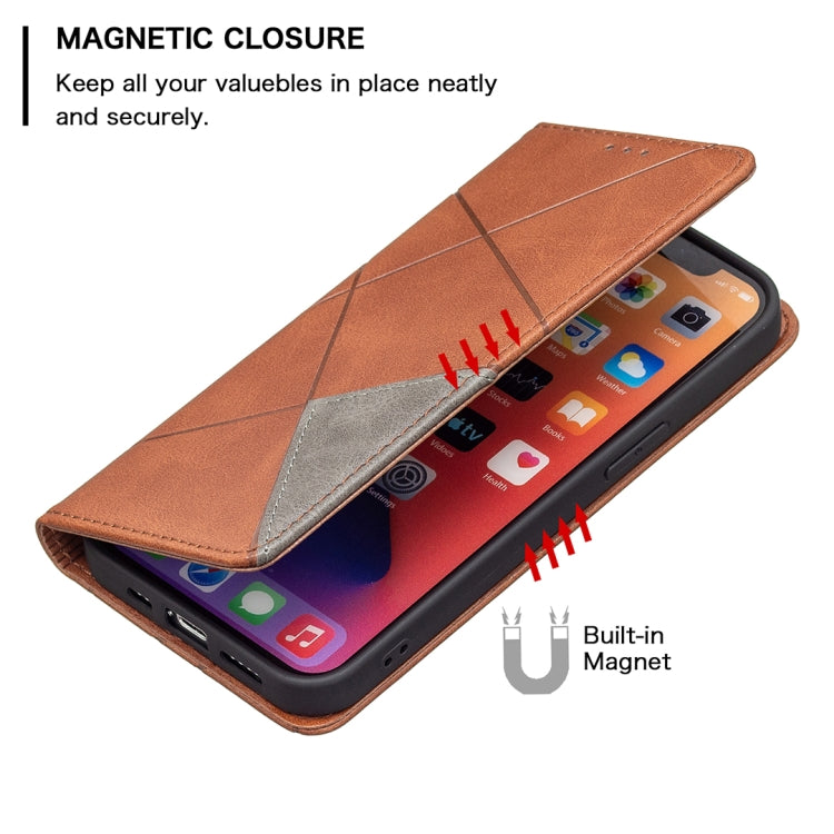 For iPhone 13 mini Rhombus Texture Horizontal Flip Magnetic Leather Case with Holder & Card Slots (Brown) - iPhone 13 mini Cases by buy2fix | Online Shopping UK | buy2fix