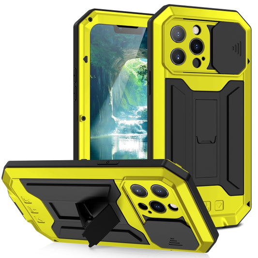 For iPhone 13 Pro Max R-JUST Sliding Camera Shockproof Life Waterproof Dust-proof Metal + Silicone Protective Case with Holder (Yellow) - iPhone 13 Pro Max Cases by R-JUST | Online Shopping UK | buy2fix