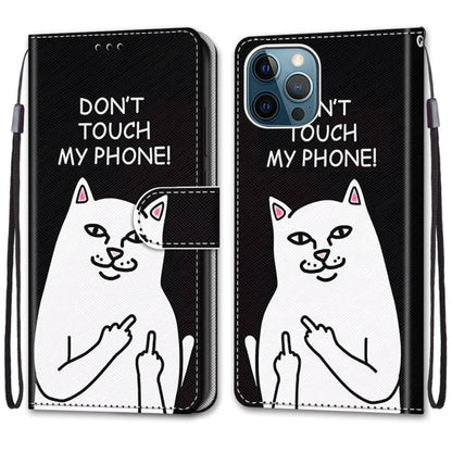 For iPhone 13 Pro Coloured Drawing Cross Texture Horizontal Flip PU Leather Case with Holder & Card Slots & Wallet & Lanyard (Middle Finger White Cat) - iPhone 13 Pro Cases by buy2fix | Online Shopping UK | buy2fix