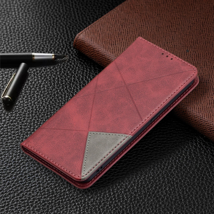 For OPPO Reno6 Rhombus Texture Horizontal Flip Magnetic Leather Case with Holder & Card Slots(Red) - OPPO Cases by buy2fix | Online Shopping UK | buy2fix