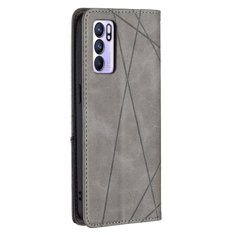 For OPPO Reno6 Rhombus Texture Horizontal Flip Magnetic Leather Case with Holder & Card Slots(Grey) - OPPO Cases by buy2fix | Online Shopping UK | buy2fix