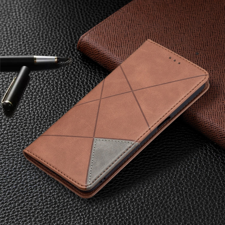 For OPPO Realme 8 5G / V13 Rhombus Texture Horizontal Flip Magnetic Leather Case with Holder & Card Slots(Brown) - Realme Cases by buy2fix | Online Shopping UK | buy2fix