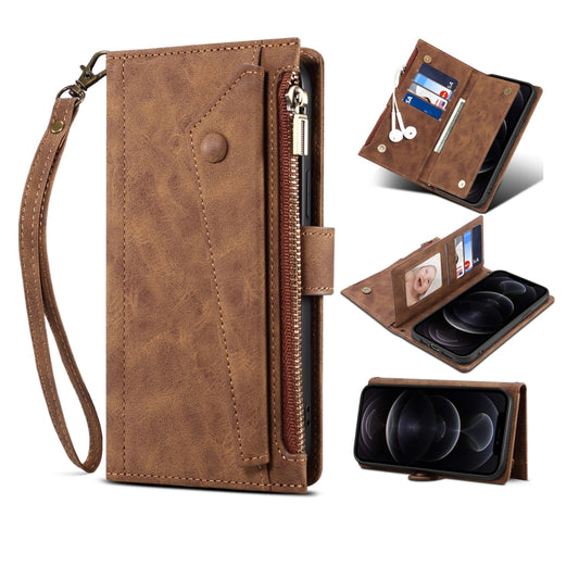 For iPhone 12 Retro Frosted Horizontal Flip Leather Case with Holder & Card Slot & Wallet & Zipper Pocket & Lanyard(Brown) - iPhone 12 / 12 Pro Cases by buy2fix | Online Shopping UK | buy2fix