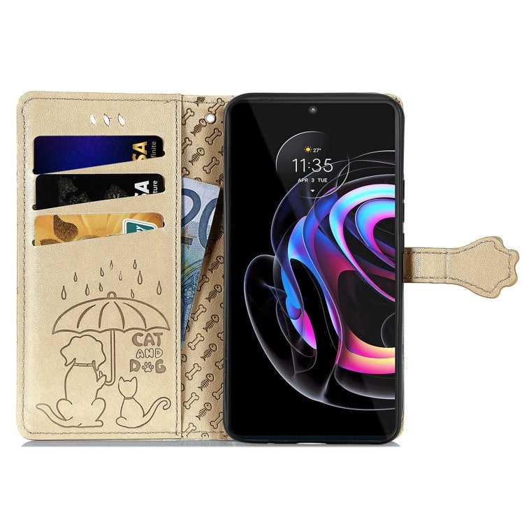 For Motorola Edge 20 Pro Lovely Cat and Dog Embossing Pattern Horizontal Flip Leather Case , with Holder & Card Slots & Wallet & Cartoon Clasp & Lanyard(Gold) - Motorola Cases by buy2fix | Online Shopping UK | buy2fix