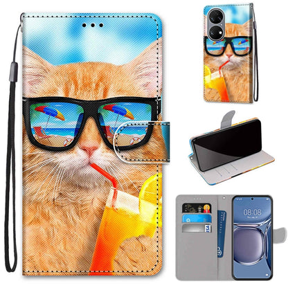 For Huawei P50 Coloured Drawing Cross Texture Horizontal Flip PU Leather Case with Holder & Card Slots & Wallet & Lanyard(Cat Drinking Soda) - Huawei Cases by buy2fix | Online Shopping UK | buy2fix