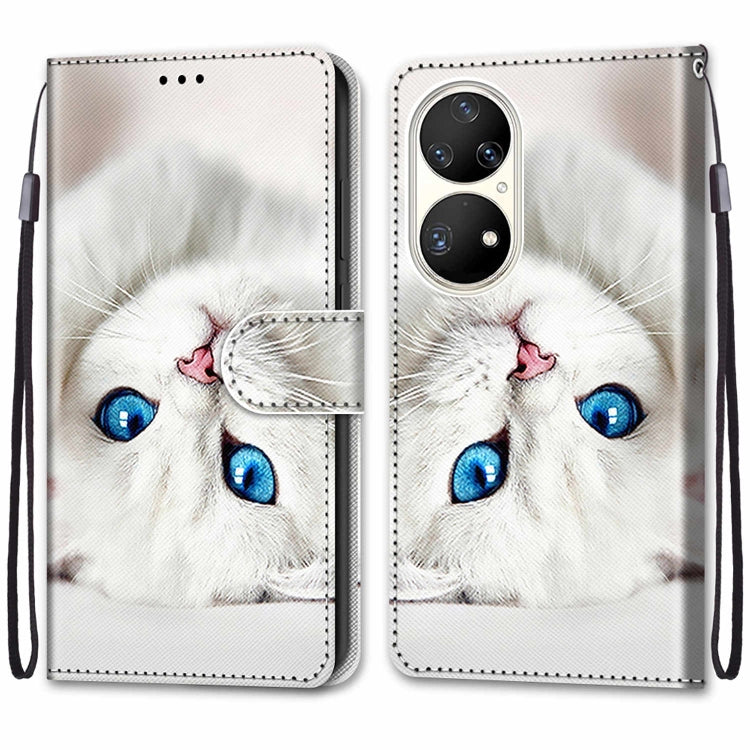 For Huawei P50 Pro Coloured Drawing Cross Texture Horizontal Flip PU Leather Case with Holder & Card Slots & Wallet & Lanyard(White Kitten) - Huawei Cases by buy2fix | Online Shopping UK | buy2fix