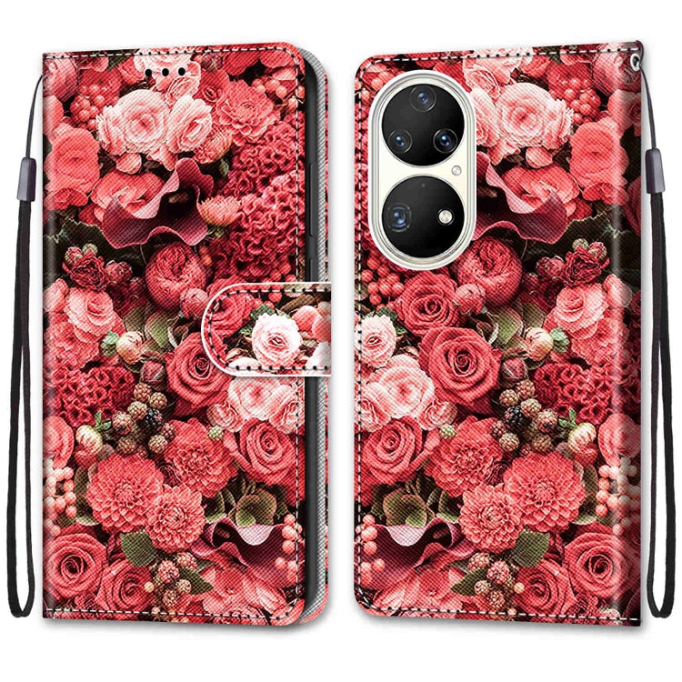 For Huawei P50 Pro Coloured Drawing Cross Texture Horizontal Flip PU Leather Case with Holder & Card Slots & Wallet & Lanyard(Pink Rose Garden) - Huawei Cases by buy2fix | Online Shopping UK | buy2fix