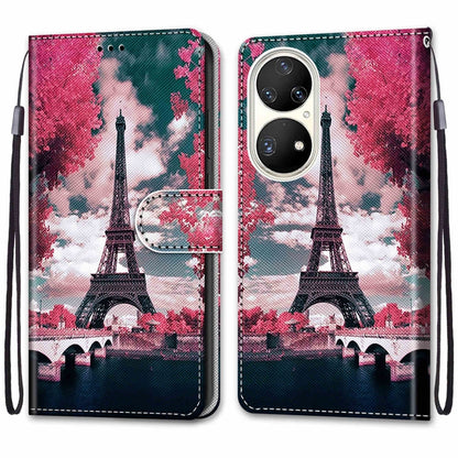 For Huawei P50 Pro Coloured Drawing Cross Texture Horizontal Flip PU Leather Case with Holder & Card Slots & Wallet & Lanyard(Pink Flower Tower Bridge) - Huawei Cases by buy2fix | Online Shopping UK | buy2fix