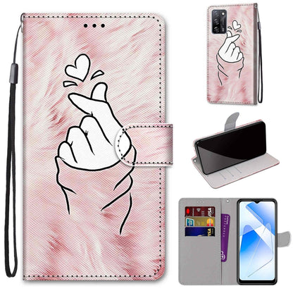 For OPPO A54 4G / A16 4G / A53s 5G / A55 5G Coloured Drawing Cross Texture Horizontal Flip PU Leather Case with Holder & Card Slots & Wallet & Lanyard(Pink Hands Heart) - OPPO Cases by buy2fix | Online Shopping UK | buy2fix