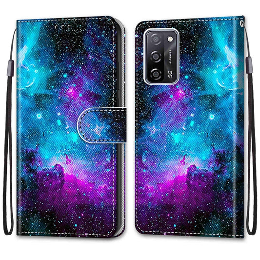 For OPPO A54 4G / A16 4G / A53s 5G / A55 5G Coloured Drawing Cross Texture Horizontal Flip PU Leather Case with Holder & Card Slots & Wallet & Lanyard(Purple Green Starry Sky) - OPPO Cases by buy2fix | Online Shopping UK | buy2fix