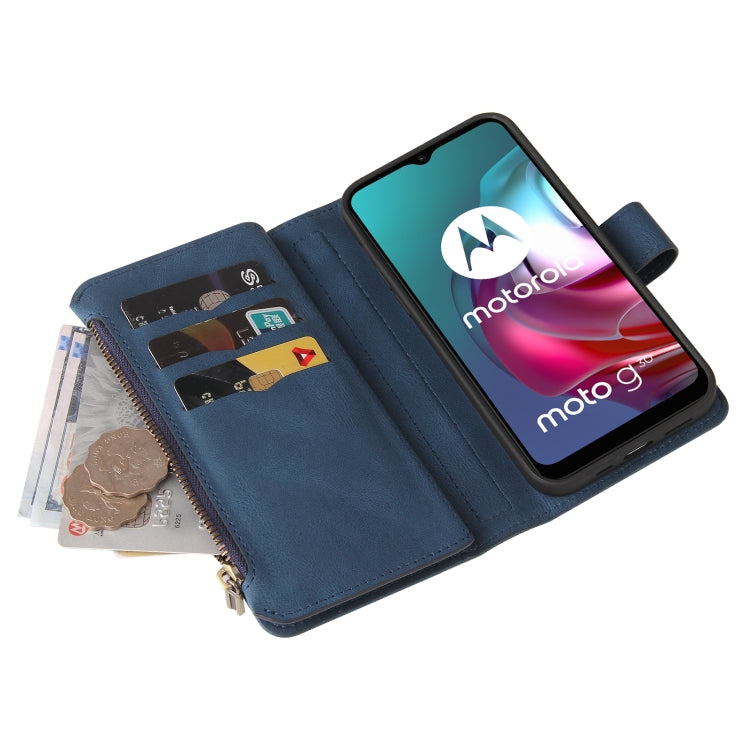 For Motorola Moto G30 Skin Feel PU + TPU Horizontal Flip Leather Case With Holder & 15 Cards Slot & Wallet & Zipper Pocket & Lanyard(Blue) - Motorola Cases by buy2fix | Online Shopping UK | buy2fix