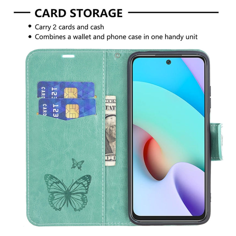 For Xiaomi Redmi 10 Two Butterflies Embossing Pattern Horizontal Flip Leather Case with Holder & Card Slot & Wallet & Lanyard(Green) - Xiaomi Cases by buy2fix | Online Shopping UK | buy2fix