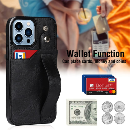 For iPhone 13 Pro Crazy Horse Texture Shockproof TPU + PU Leather Case with Card Slot & Wrist Strap Holder (Black) - iPhone 13 Pro Cases by buy2fix | Online Shopping UK | buy2fix