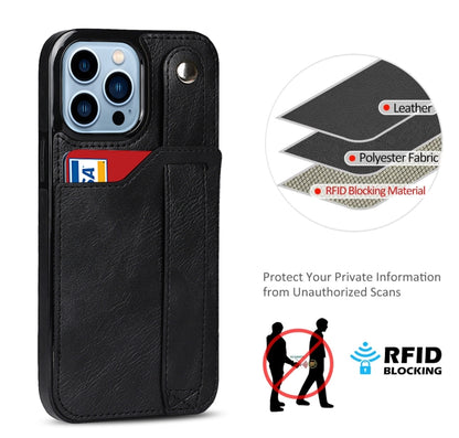 For iPhone 13 Pro Crazy Horse Texture Shockproof TPU + PU Leather Case with Card Slot & Wrist Strap Holder (Black) - iPhone 13 Pro Cases by buy2fix | Online Shopping UK | buy2fix