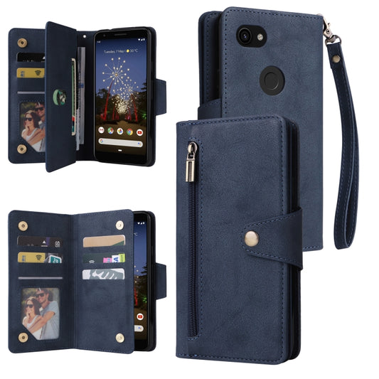 For Google Pixel 3A Rivet Buckle 9 Cards Three Fold Leather Phone Case(Blue) - Google Cases by buy2fix | Online Shopping UK | buy2fix