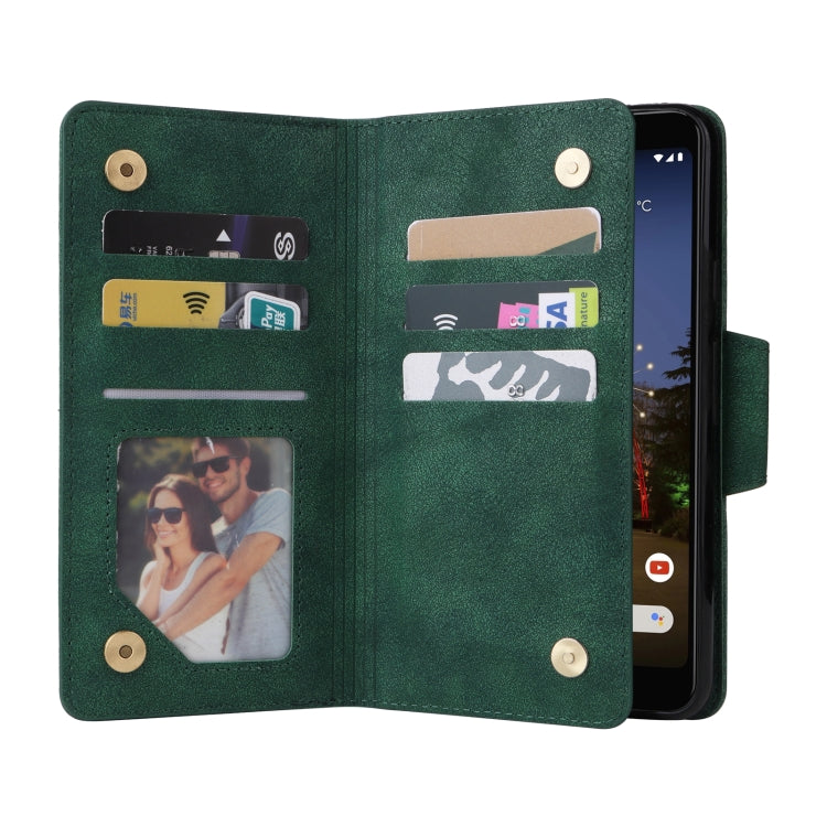 For Google Pixel 3A Rivet Buckle 9 Cards Three Fold Leather Phone Case(Green) - Google Cases by buy2fix | Online Shopping UK | buy2fix