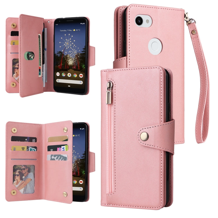 For Google Pixel 3A XL Rivet Buckle 9 Cards Three Fold Leather Phone Case(Rose Gold) - Google Cases by buy2fix | Online Shopping UK | buy2fix