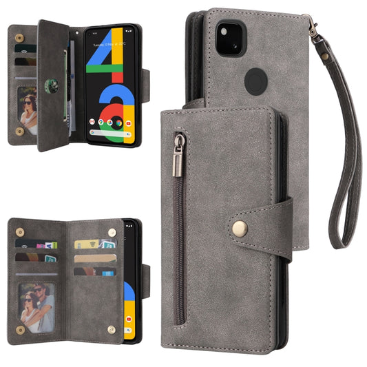 For Google Pixel 4A 4G Rivet Buckle 9 Cards Three Fold Leather Phone Case(Grey) - Google Cases by buy2fix | Online Shopping UK | buy2fix