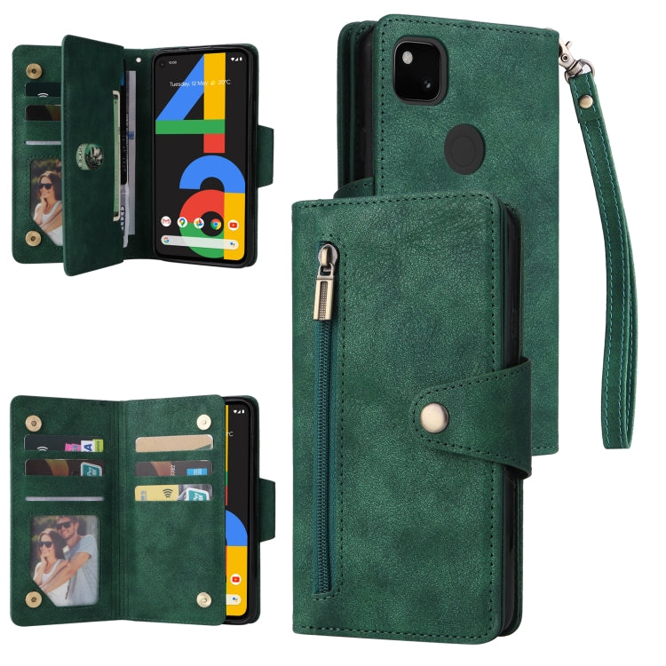 For Google Pixel 4A 4G Rivet Buckle 9 Cards Three Fold Leather Phone Case(Green) - Google Cases by buy2fix | Online Shopping UK | buy2fix