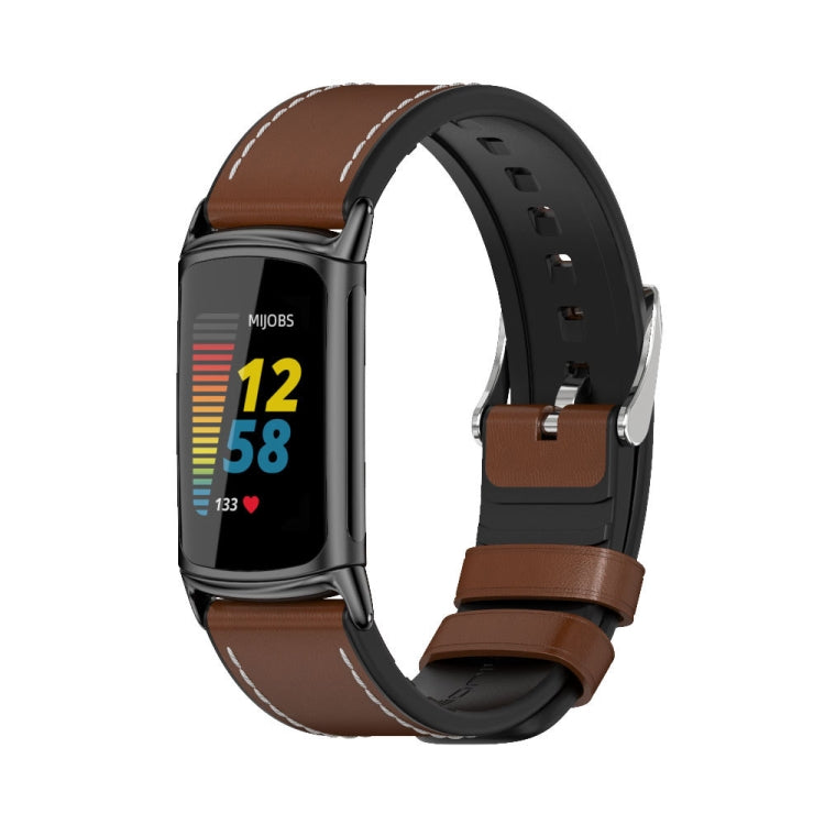 For Fitbit Charge5 Mijobs TPU + Leather Watch Band(Brown+Black) - Watch Bands by MIJOBS | Online Shopping UK | buy2fix