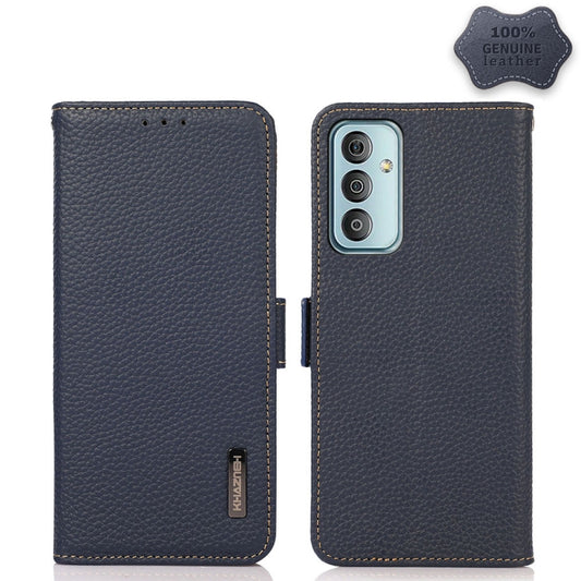 For Samsung Galaxy M13 4G KHAZNEH Side-Magnetic Litchi Genuine Leather RFID Phone Case(Blue) - Galaxy Phone Cases by buy2fix | Online Shopping UK | buy2fix