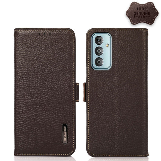 For Samsung Galaxy M13 4G KHAZNEH Side-Magnetic Litchi Genuine Leather RFID Phone Case(Brown) - Galaxy Phone Cases by buy2fix | Online Shopping UK | buy2fix