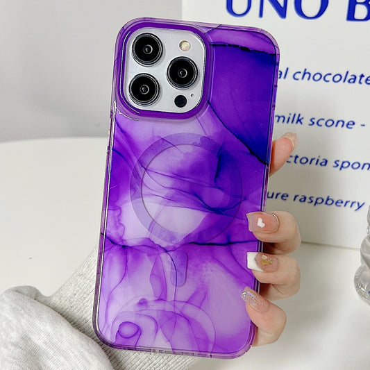 For iPhone 14 Pro Marble Dual-side Laminating Magsafe Phone Case(White Purple) - iPhone 14 Pro Cases by buy2fix | Online Shopping UK | buy2fix