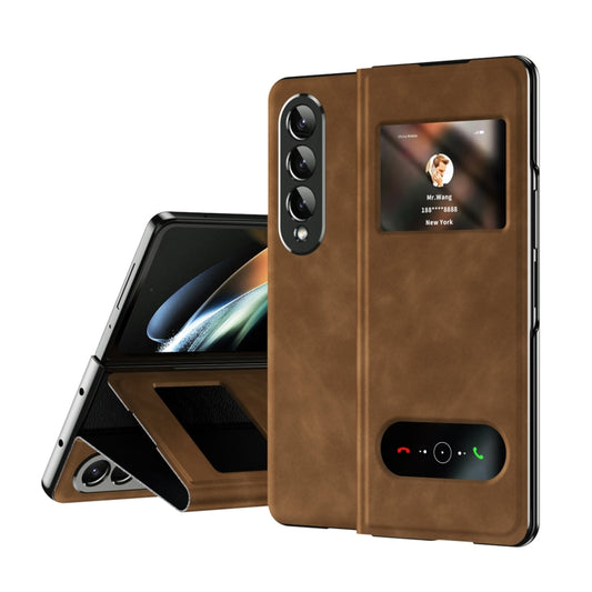 For Samsung Galaxy Z Fold2 5G Mature Window View Flip Leather Phone Case(Brown Nappa) - Galaxy Phone Cases by buy2fix | Online Shopping UK | buy2fix