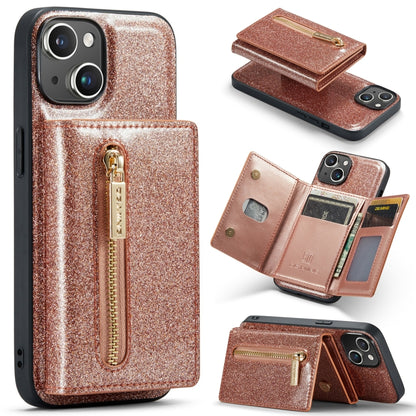 For iPhone 14 Plus DG.MING M3 Series Glitter Powder Card Bag Leather Case(Rose Gold) - iPhone 14 Plus Cases by DG.MING | Online Shopping UK | buy2fix