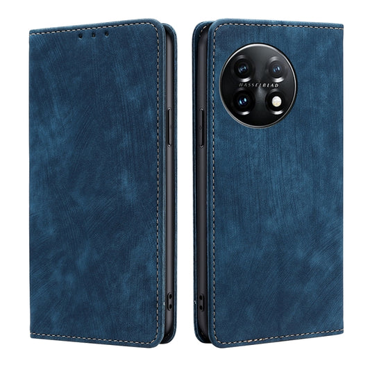 For OnePlus 11 RFID Anti-theft Brush Magnetic Leather Phone Case(Blue) - OnePlus Cases by buy2fix | Online Shopping UK | buy2fix