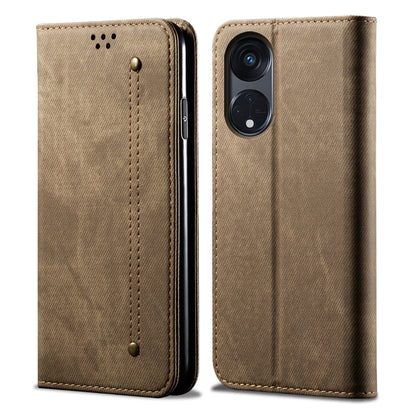 For OPPO A98 5G Denim Texture Casual Style Horizontal Flip Leather Case(Khaki) - OPPO Cases by buy2fix | Online Shopping UK | buy2fix