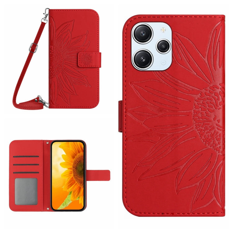 For Xiaomi Redmi 12 5G Skin Feel Sun Flower Embossed Flip Leather Phone Case with Lanyard(Red) - Xiaomi Cases by buy2fix | Online Shopping UK | buy2fix