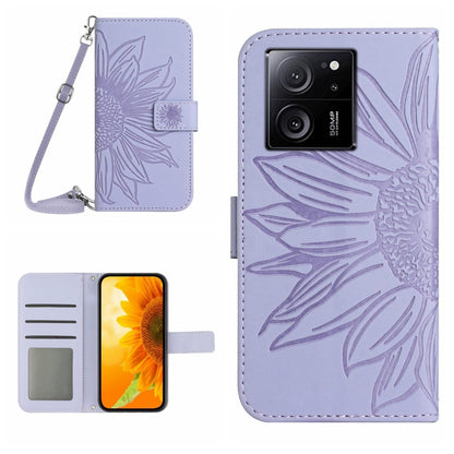 For Xiaomi 13T / 13T Pro Skin Feel Sun Flower Embossed Flip Leather Phone Case with Lanyard(Purple) - Xiaomi Cases by buy2fix | Online Shopping UK | buy2fix